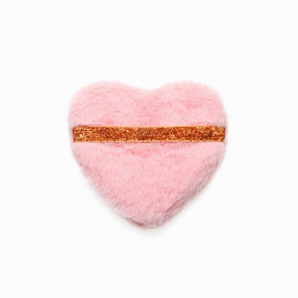 Heart-shaped plush velvet powder puff with glitter ribbon