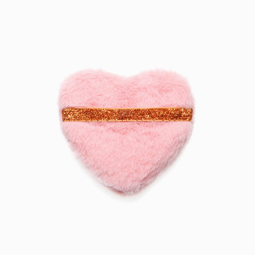 Heart-shaped plush velvet powder puff with glitter ribbon